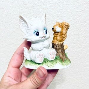 Vintage Lefton China White Cat Figurine Kitten with Squirrel Hand Painted